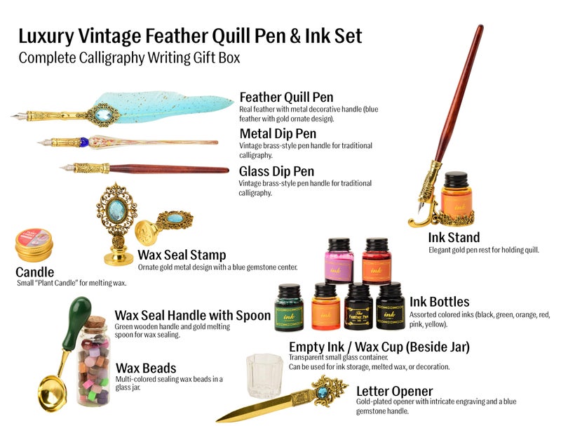 RarePicks Vintage Feather Quill Pen Gift Set, Calligraphy Writing Kit with Glass & Wooden Dip Pen, Wax Seal Stamp, 6 Ink Bottles, 18 Nibs, Letter Opener, Wax Beads – Art & Gifting (Assorted) - Image 2
