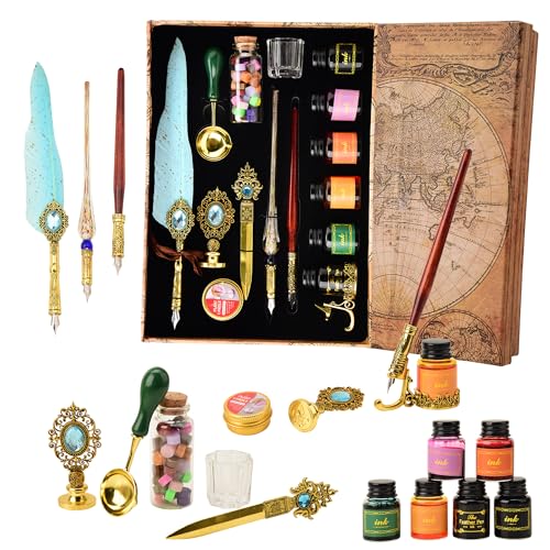 RarePicks Vintage Feather Quill Pen Gift Set, Calligraphy Writing Kit with Glass & Wooden Dip Pen, Wax Seal Stamp, 6 Ink Bottles, 18 Nibs, Letter Opener, Wax Beads – Art & Gifting (Assorted) - Image 1