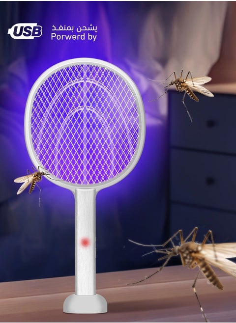 Rechargeable Electric Mosquito And Insect killer Racket with a USB Port Holder And LED lighting