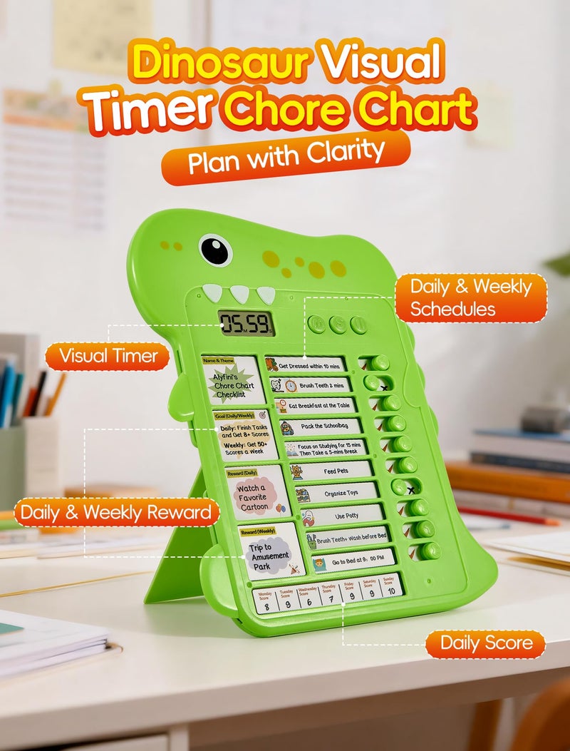Alyfini Dinosaur Chore Chart for Kids with Visual Timer - Daily Routine & Reward Schedule Board for Toddlers Boys Girls, ADHD & Autism Homeschool Time Management Tools, Morning/Bedtime Task Checklist Planner - Image 2