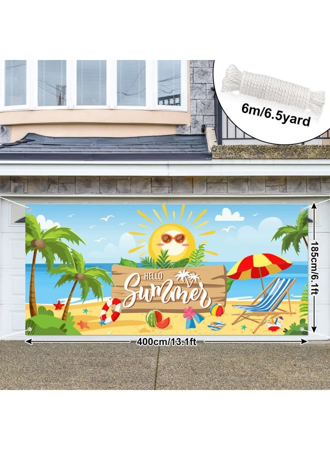 Whaline Hello Summer Garage Door Banner Beach Scenery Garage Door Cover 6x13Ft Summer Backdrop Decoration for Hawaiian Pool Party Indoor Outdoor Wall Door House Background Decor - Image 2