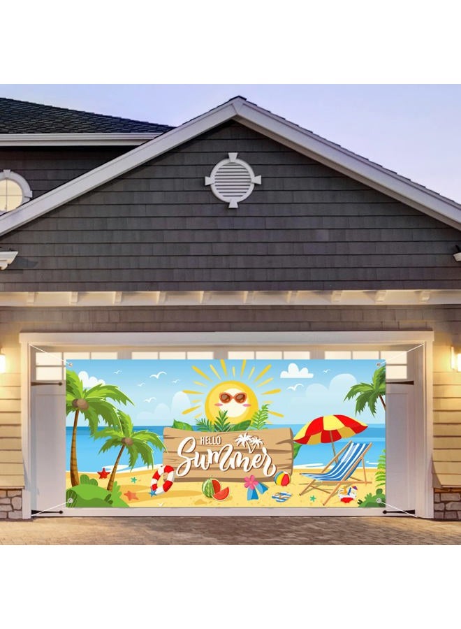 Whaline Hello Summer Garage Door Banner Beach Scenery Garage Door Cover 6x13Ft Summer Backdrop Decoration for Hawaiian Pool Party Indoor Outdoor Wall Door House Background Decor - Image 5