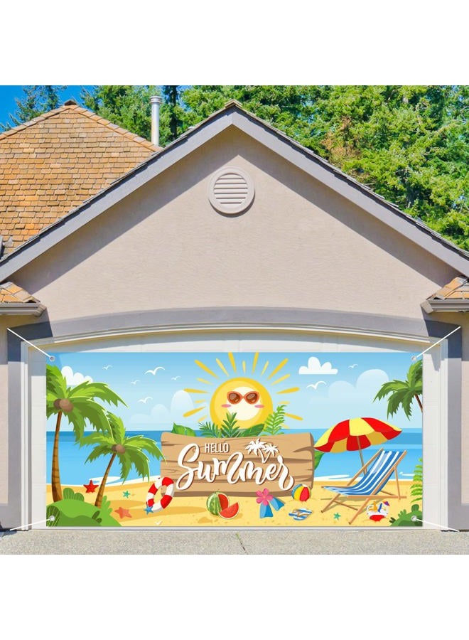 Whaline Hello Summer Garage Door Banner Beach Scenery Garage Door Cover 6x13Ft Summer Backdrop Decoration for Hawaiian Pool Party Indoor Outdoor Wall Door House Background Decor - Image 1