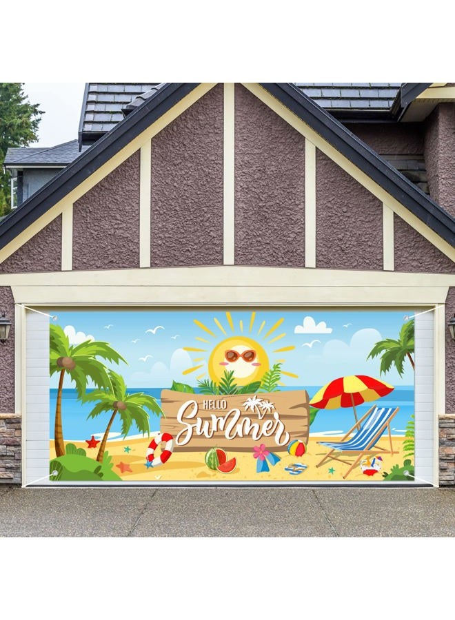 Whaline Hello Summer Garage Door Banner Beach Scenery Garage Door Cover 6x13Ft Summer Backdrop Decoration for Hawaiian Pool Party Indoor Outdoor Wall Door House Background Decor - Image 4