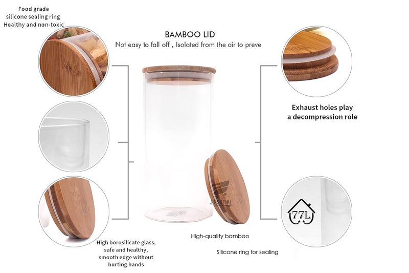COOZICO Glasses Jar Container 1000 ml Jam Honey Grocery Pickle Dry Fruit Storage with Rust Proof Bamboo Wooden Cap Transparent Kitchen Canisters for Sugar Candy Cookie Rice and Spice 3 - Image 5