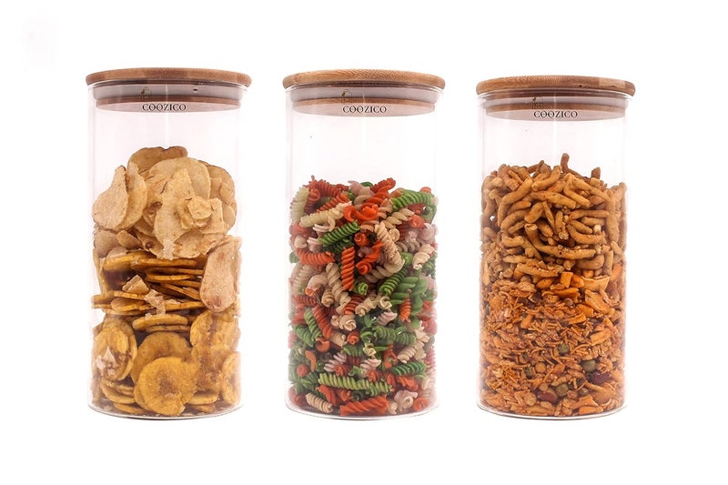 COOZICO Glasses Jar Container 1000 ml Jam Honey Grocery Pickle Dry Fruit Storage with Rust Proof Bamboo Wooden Cap Transparent Kitchen Canisters for Sugar Candy Cookie Rice and Spice 3 - Image 1