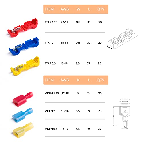 Wirefy T Tap Wire Connectors Kit - Electrical Connectors Kit - Spade Terminals - Quick Splice Disconnect Wire Taps - (120 PCS 22-10 AWG) | T Taps for Wiring Automotive and T Splice Wire Connectors - Image 5