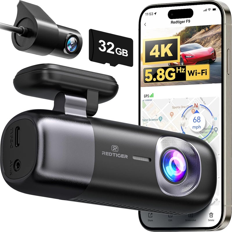 REDTIGER F9 Dash Cam 4K Front and Rear 1080P with Built-In GPS and Wi-Fi - Image 1