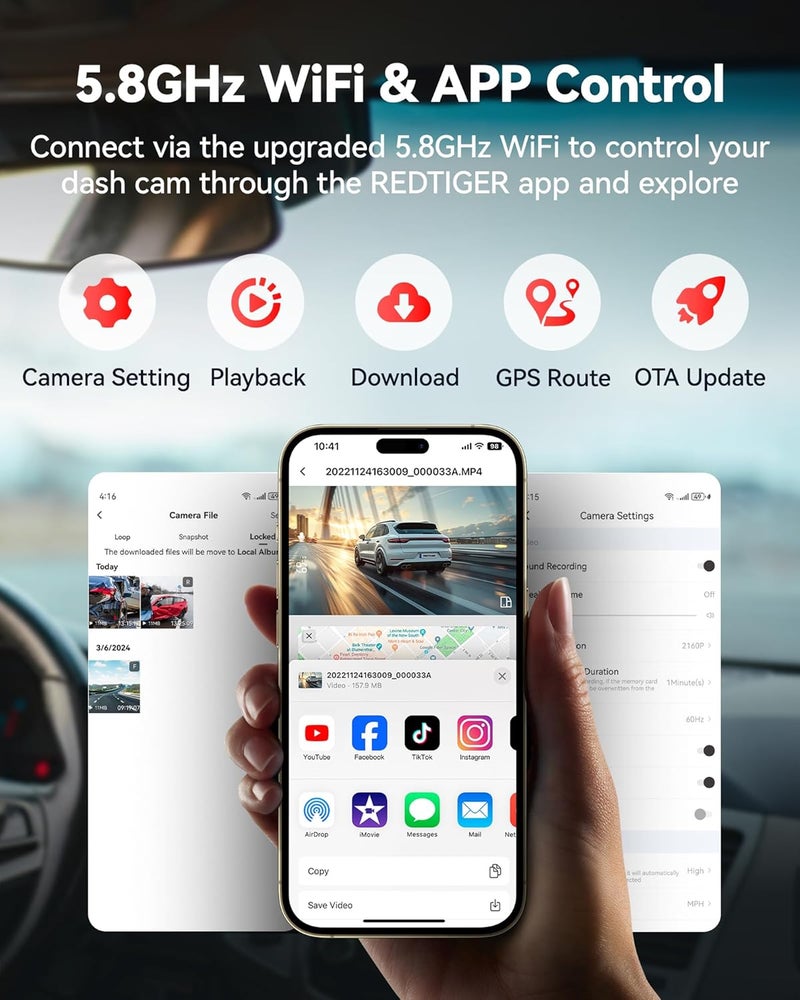 REDTIGER F9 Dash Cam 4K Front and Rear 1080P with Built-In GPS and Wi-Fi - Image 4