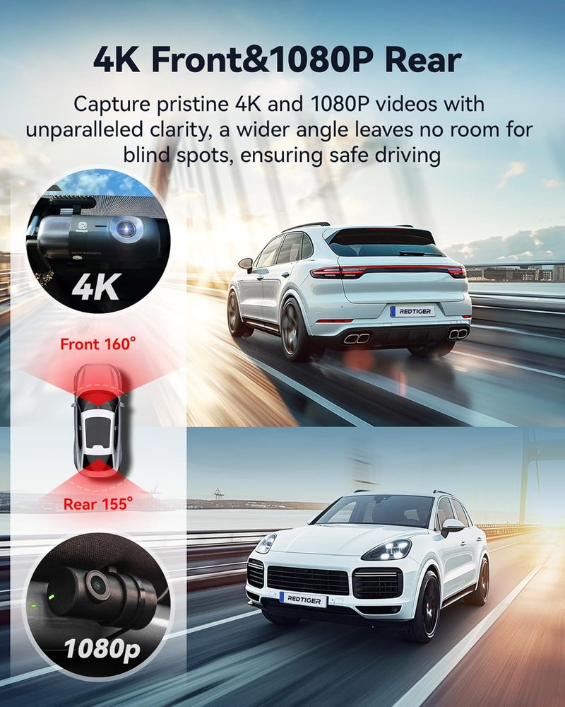 REDTIGER F9 Dash Cam 4K Front and Rear 1080P with Built-In GPS and Wi-Fi - Image 3