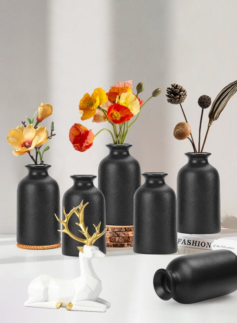 6-Pcs Ceramic Black Small Vase, Ceramic Vase Dry Flower Vases Minimalism Style for Modern Table Shelf Fit Fireplace Bedroom Kitchen Living Room Home Decor