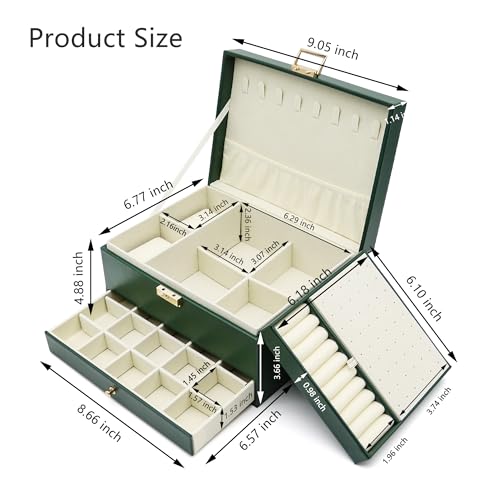 Euedue Jewelry Organizer Box, Jewelry Box Organizers for Women Girls, 3 Layers Large Leather Necklace Storage Case for Earring, Rings, Necklaces, Bracelets, Big and Small Jewellery, Watch, Gift (DeepGreen) - Image 2