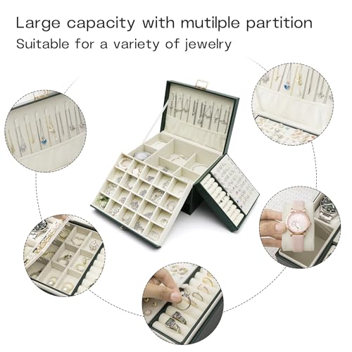 Euedue Jewelry Organizer Box, Jewelry Box Organizers for Women Girls, 3 Layers Large Leather Necklace Storage Case for Earring, Rings, Necklaces, Bracelets, Big and Small Jewellery, Watch, Gift (DeepGreen) - Image 3