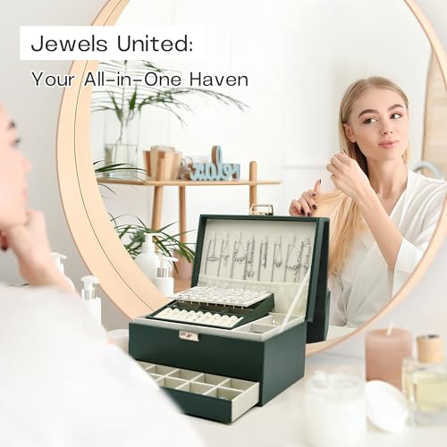 Euedue Jewelry Organizer Box, Jewelry Box Organizers for Women Girls, 3 Layers Large Leather Necklace Storage Case for Earring, Rings, Necklaces, Bracelets, Big and Small Jewellery, Watch, Gift (DeepGreen) - Image 4
