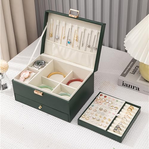 Euedue Jewelry Organizer Box, Jewelry Box Organizers for Women Girls, 3 Layers Large Leather Necklace Storage Case for Earring, Rings, Necklaces, Bracelets, Big and Small Jewellery, Watch, Gift (DeepGreen) - Image 1