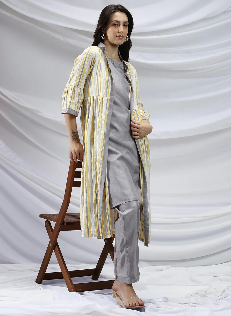 QISSA Qissa Women's Lemon Yellow & Cream White Striped Jacket With Kurta Set For Casual Wear | Mandarin Collar | Quarter Bell Sleeves | 3 Piece Kurta Set Designed With Comfort Fit For Everyday Ethnic Wear