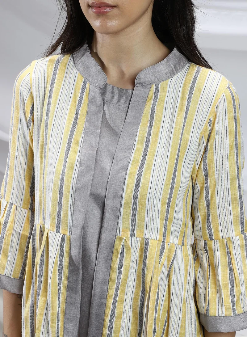 QISSA Qissa Women's Lemon Yellow & Cream White Striped Jacket With Kurta Set For Casual Wear | Mandarin Collar | Quarter Bell Sleeves | 3 Piece Kurta Set Designed With Comfort Fit For Everyday Ethnic Wear