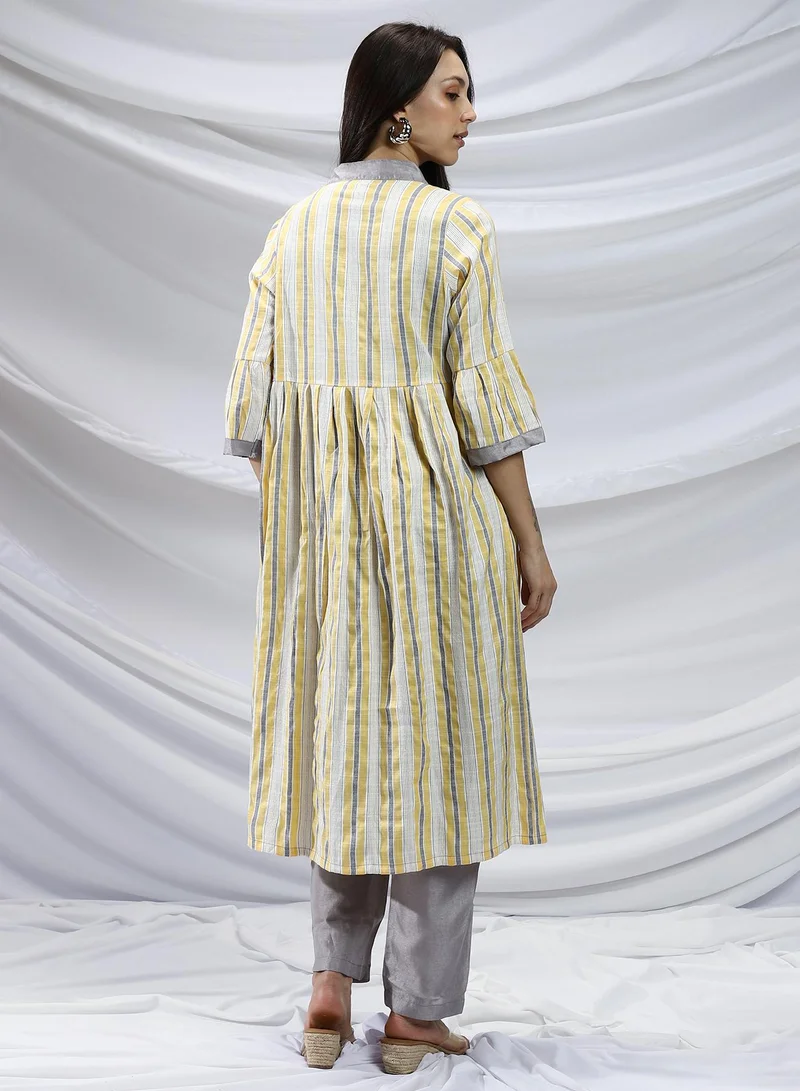 QISSA Qissa Women's Lemon Yellow & Cream White Striped Jacket With Kurta Set For Casual Wear | Mandarin Collar | Quarter Bell Sleeves | 3 Piece Kurta Set Designed With Comfort Fit For Everyday Ethnic Wear