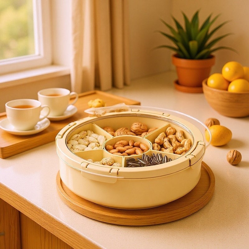 Rotatable Sealed Divided Nut Tray, Light Luxury Snack Plate for Melon Seeds & Nuts, Household Coffee Table Storage Dish - Image 1