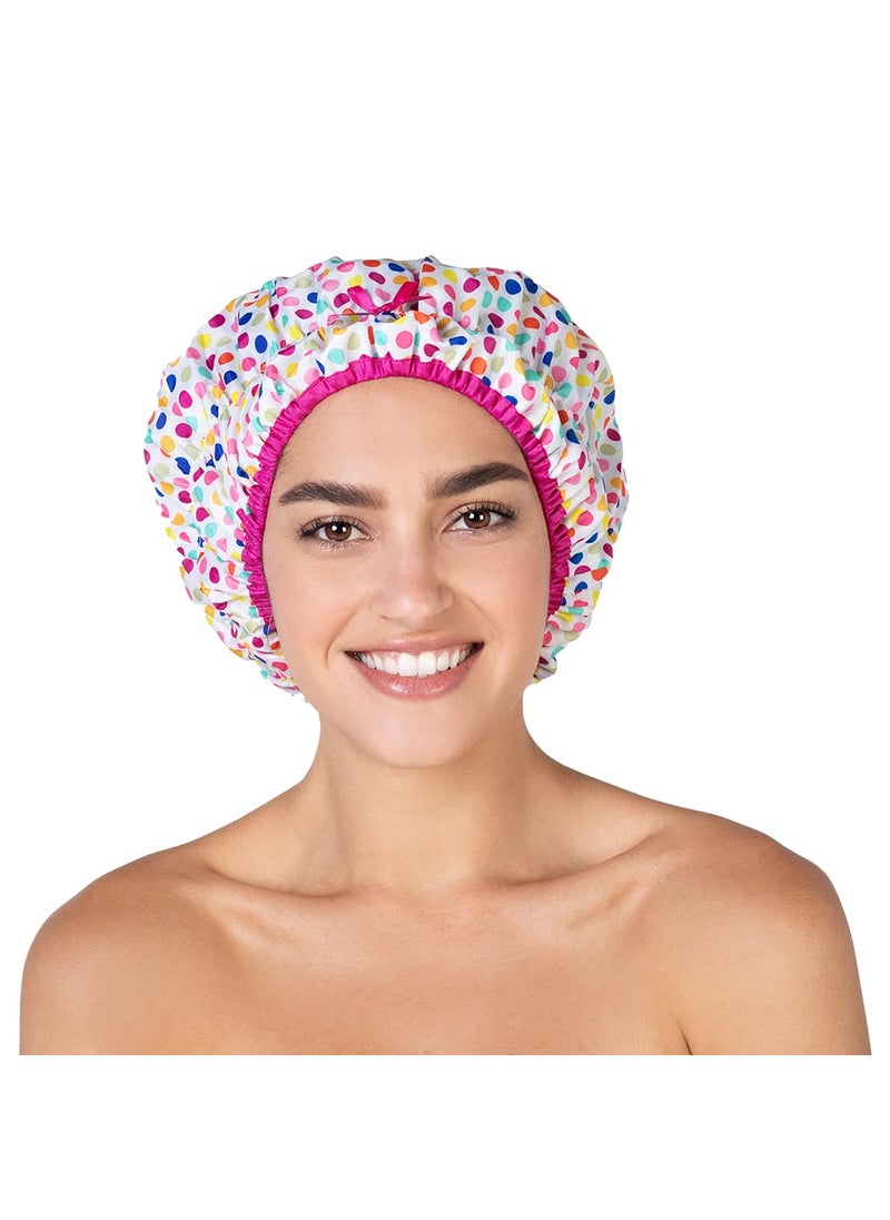 Betty Dain Reusable Shower Cap & Bath Cap & Lined, Oversized Waterproof Shower Caps Large Designed for all Hair Lengths with PEVA Lining & Elastic Band Stretch Hem Hair Hat - Fashionista Deco Dots 