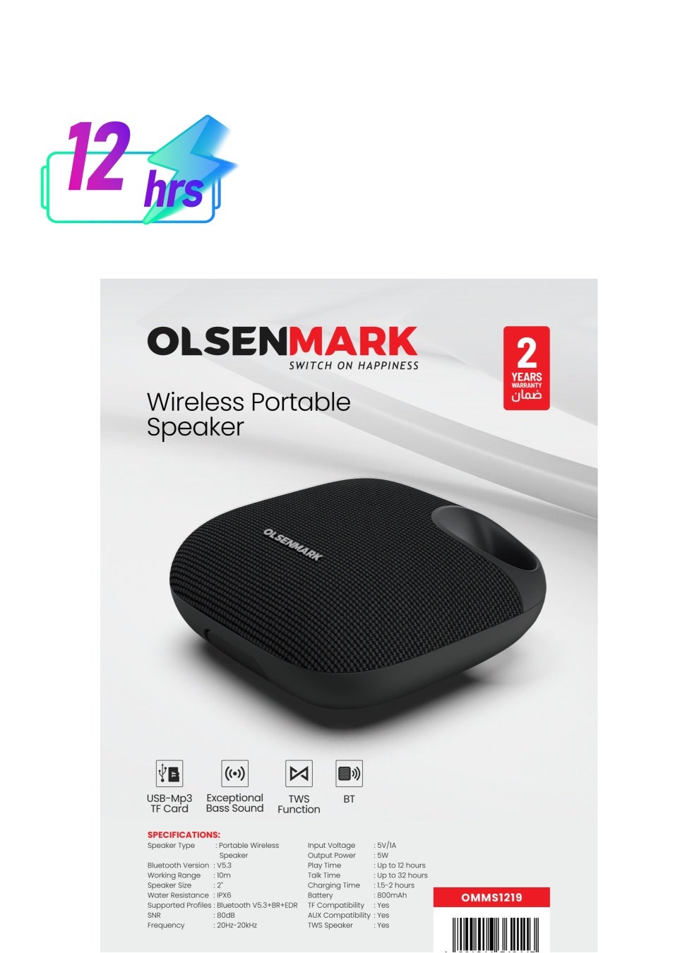 Wireless Portable 5W 2" Speaker with Bluetooth-OMMS1219 Powerful Audio Companion, IPX6 Water Resistant, 800mAh Battery, TWS Function, USB-Mp3 TF Card ,long Play Time 2 Years Warranty