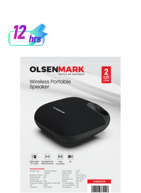 Wireless Portable 5W 2" Speaker with Bluetooth-OMMS1219 Powerful Audio Companion, IPX6 Water Resistant, 800mAh Battery, TWS Function, USB-Mp3 TF Card ,long Play Time  2 Years Warranty