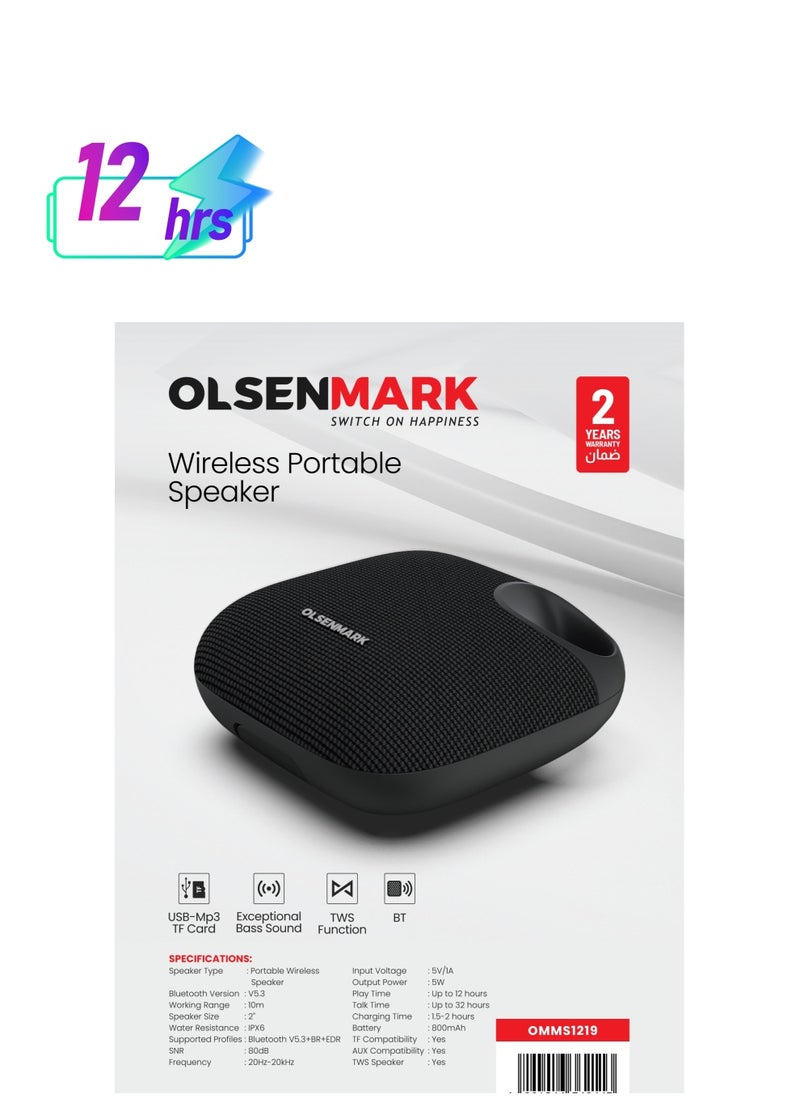 أولسنمارك - Wireless Portable 5W 2" Speaker with Bluetooth-OMMS1219 Powerful Audio Companion, IPX6 Water Resistant, 800mAh Battery, TWS Function, USB-Mp3 TF Card ,long Play Time  2 Years Warranty - Image 1