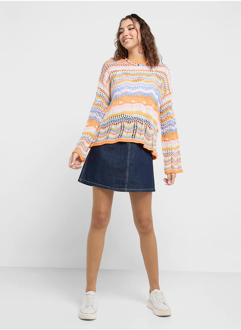 جينجر Scallop Detail Loose Knit Sweater