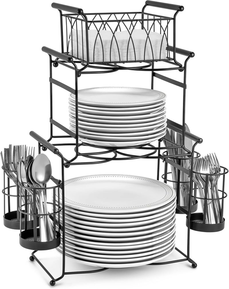 Sorbus ® Buffet Caddy — 7-Piece Stackable Set Includes Plate, Napkin, and Silverware Holder, 3-Tier Detachable Tabletop Organizer — Ideal for Kitchen, Dining, Entertaining, Parties,Thanksgiving (Black) - Image 1