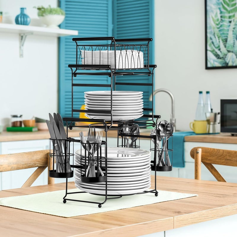 Sorbus ® Buffet Caddy — 7-Piece Stackable Set Includes Plate, Napkin, and Silverware Holder, 3-Tier Detachable Tabletop Organizer — Ideal for Kitchen, Dining, Entertaining, Parties,Thanksgiving (Black) - Image 4