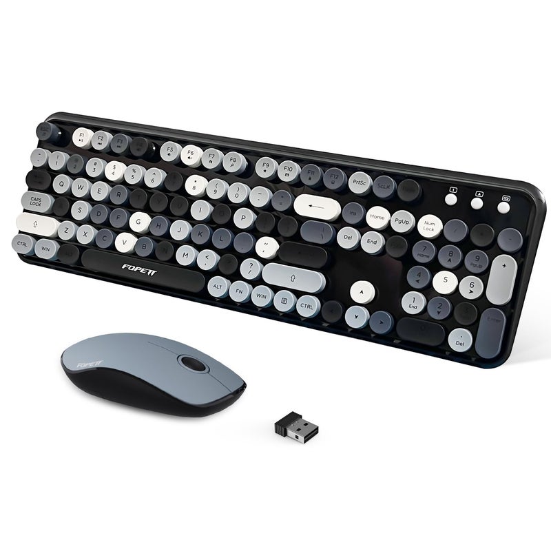 FOPETT 2.4GHz Wireless Keyboard and Mouse Set with Switch Button - Full-Size Keyboard - Compatible for Windows/Laptop/PC/Notebook/Smart TV and More - Grey Colorful - Image 1