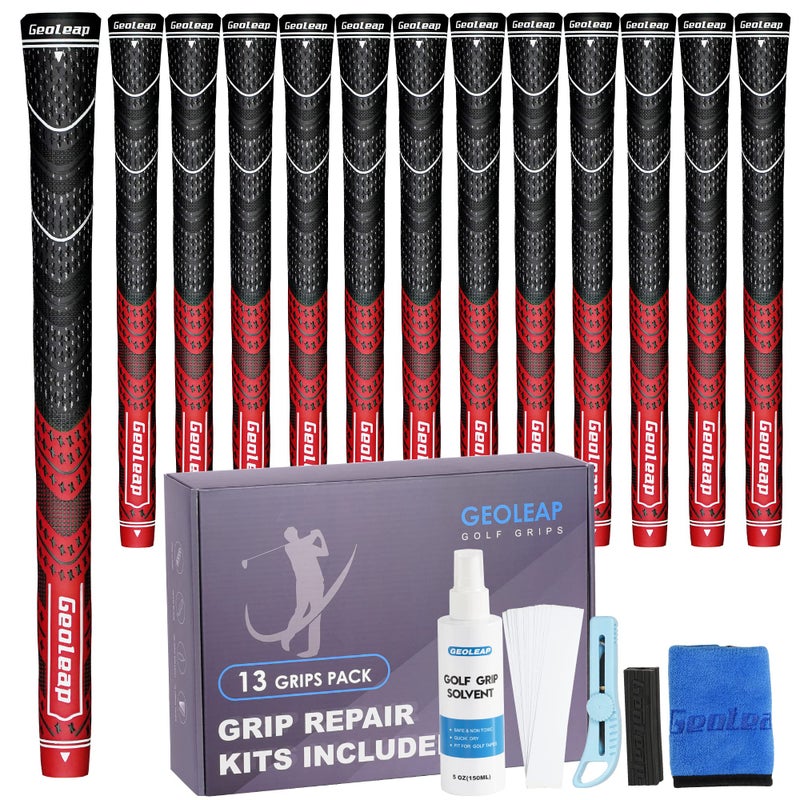 Geoleap Golf Grips Set of 13- Grips with Tapes and Grips with All Repair Kits for Choice,Hybrid Golf Club Grips All Weather Contral, High Feedback & Traction Golf Grips for Men and Women. (Red(Grips with All Repair Kits), Midsize) - Image 1
