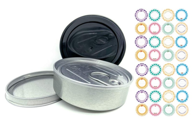 YEEPON YEEPON 20sets Cali Self-seal Tin Can with Lid - Tuna Can Hoop Ring - NO TOOLS NEEDED + 32Pieces can Labels?100ml/3.5] (20sets) (3.5  20) - Image 1