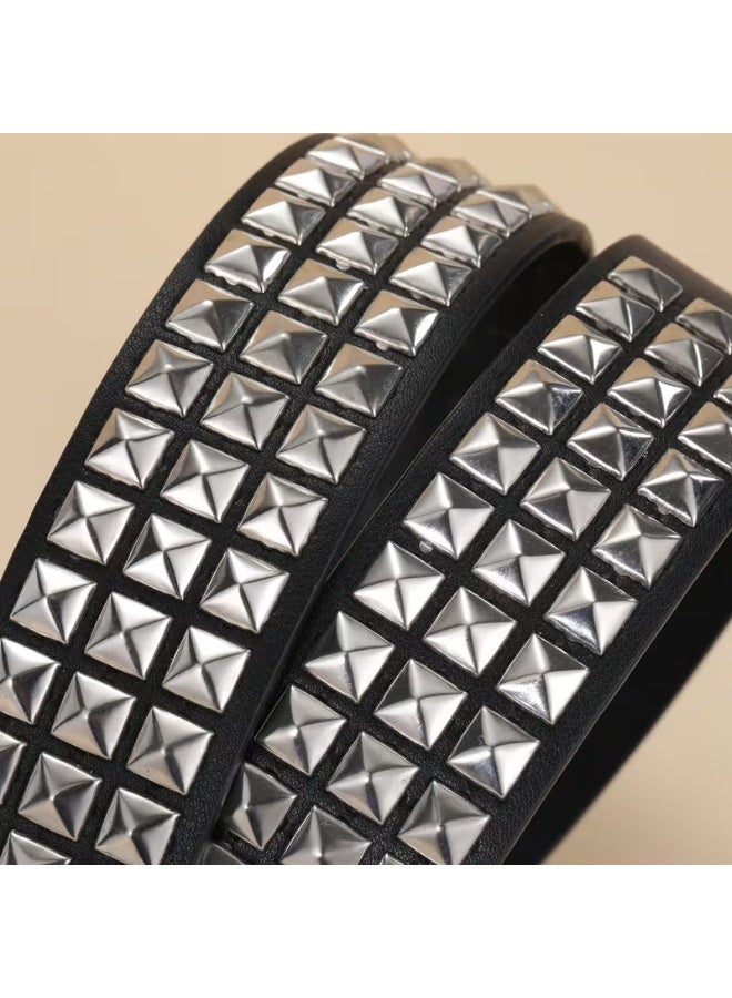 Goolsky Punk Rock Rivet Belt - Studded Black Waist Belt with Bright Metal Pyramid, Grommet Threads, Adjustable Buckle for Women and Men, Fashionable Accessory for Jeans, Skirts, and Shorts - Image 3