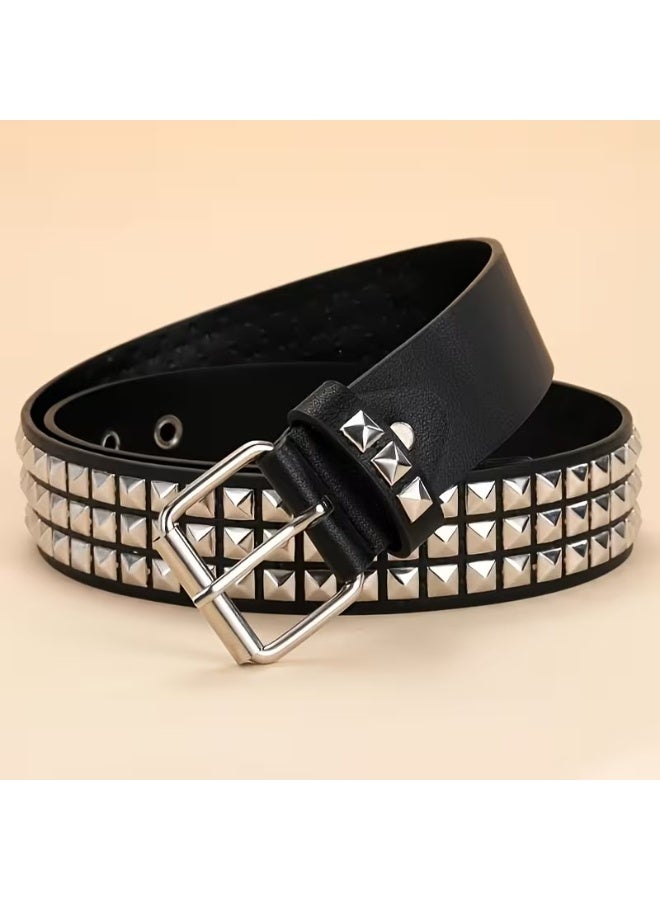 Goolsky Punk Rock Rivet Belt - Studded Black Waist Belt with Bright Metal Pyramid, Grommet Threads, Adjustable Buckle for Women and Men, Fashionable Accessory for Jeans, Skirts, and Shorts - Image 1