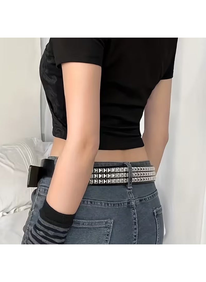 Goolsky Punk Rock Rivet Belt - Studded Black Waist Belt with Bright Metal Pyramid, Grommet Threads, Adjustable Buckle for Women and Men, Fashionable Accessory for Jeans, Skirts, and Shorts - Image 2