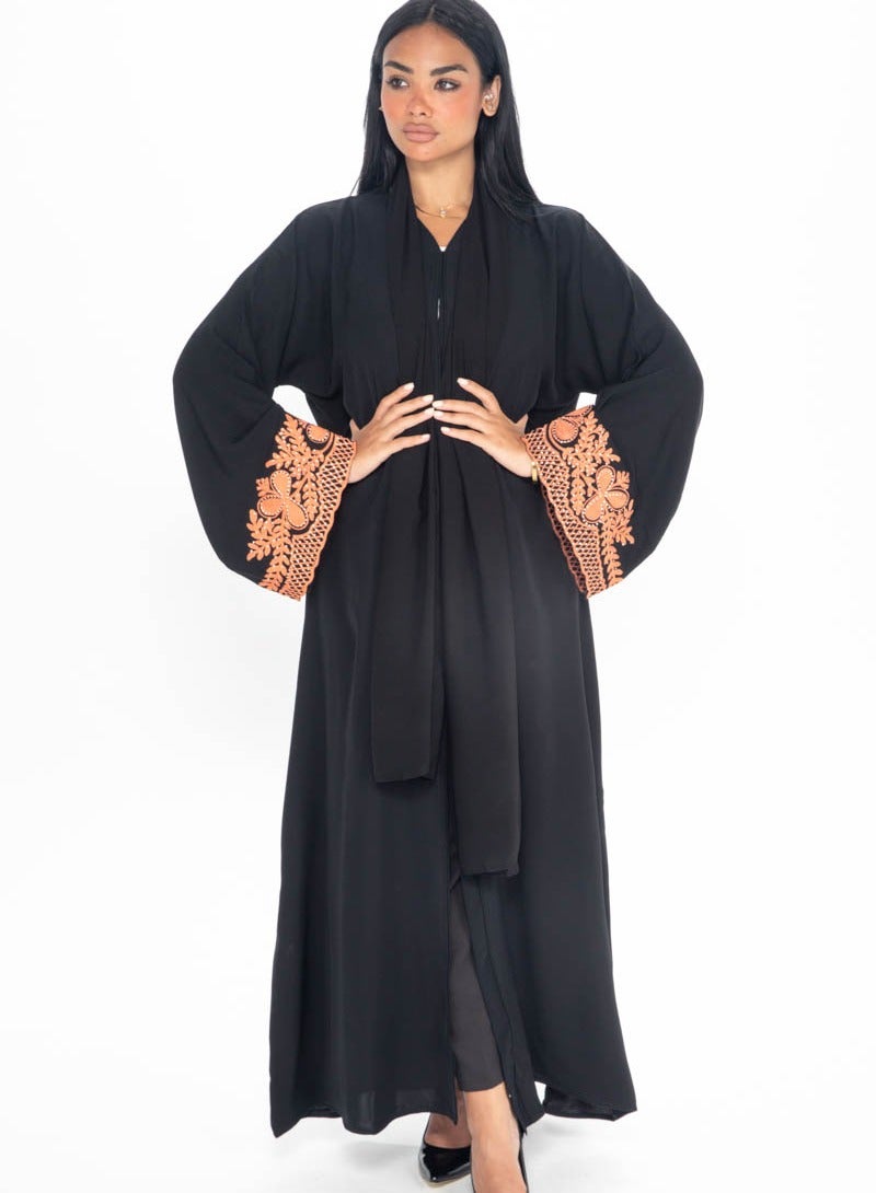 Aara Black Open Abaya with Embroidered Sleeves - Image 1