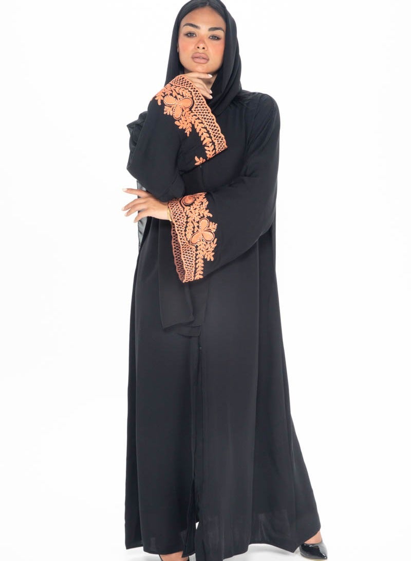 Aara Black Open Abaya with Embroidered Sleeves - Image 2