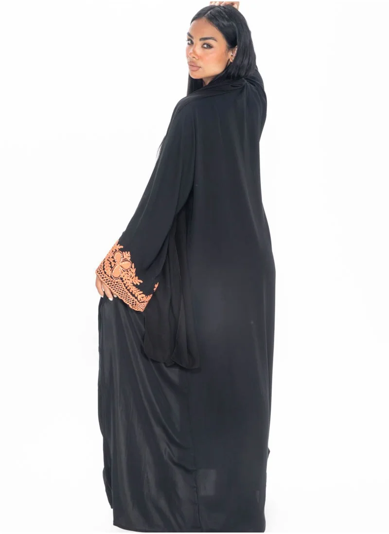 Aara Black Open Abaya with Embroidered Sleeves