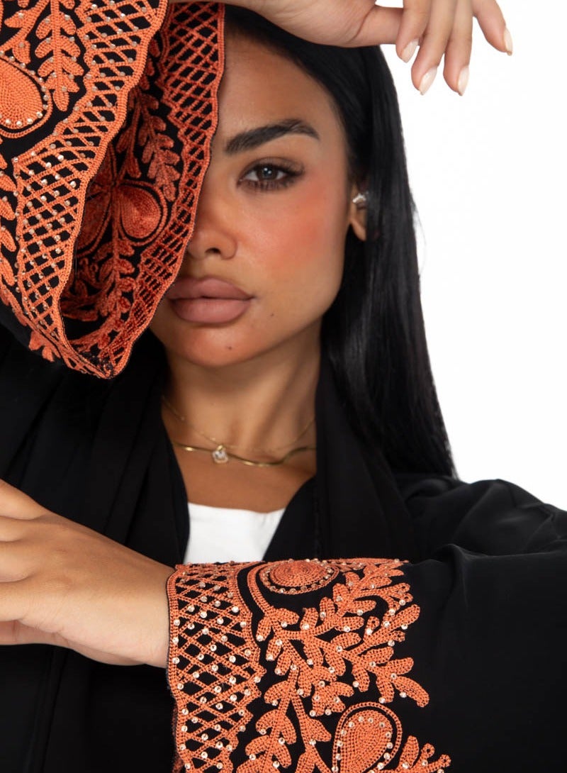 Aara Black Open Abaya with Embroidered Sleeves - Image 4