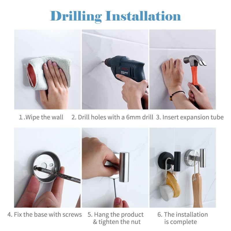 6PCS Bathroom Hardware Set Towel Bar Towel Ring Toilet Paper Holder 3 Hooks Stainless Steel Wall Mounted Drilling Towel Holder Toilet Paper Rack Hanging Hooks - Image 4
