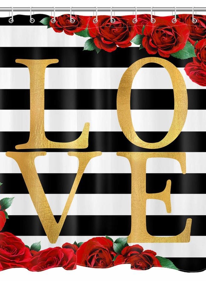 LB Valentines Day Red Rose Flower Shower Curtain Set Floral Green Leaves Gold Love Black White Stripe Bathroom Curtain with Hooks 72x72 inch Waterproof Polyester Fabric Bathroom Decorations - Image 1