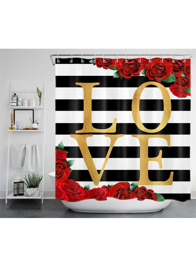 LB Valentines Day Red Rose Flower Shower Curtain Set Floral Green Leaves Gold Love Black White Stripe Bathroom Curtain with Hooks 72x72 inch Waterproof Polyester Fabric Bathroom Decorations - Image 2