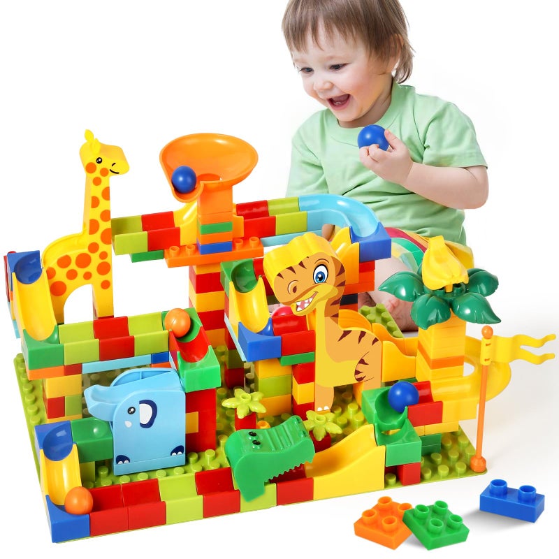 MOONTOY Dinosaur Marble Run 200PC Building Blocks - STEM Educational Toys for Kids Ages 3 4 5 6 7 8, Big Blocks Learning Set for Toddlers Boys & Girls, Gift for Christmas & Birthdays - Image 1
