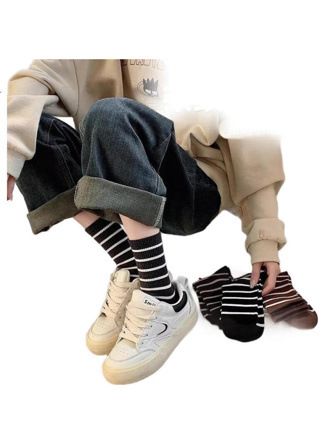 GUJIN (Gujin) 5 Pairs Women'S Mid-Calf Socks Autumn Winter Striped Cotton Long Tube Socks Ladies Long Socks Black And White Winter - Image 2