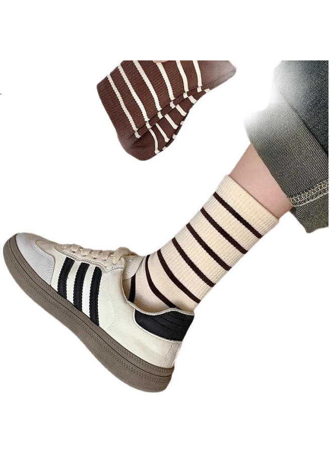 GUJIN (Gujin) 5 Pairs Women'S Mid-Calf Socks Autumn Winter Striped Cotton Long Tube Socks Ladies Long Socks Black And White Winter - Image 3