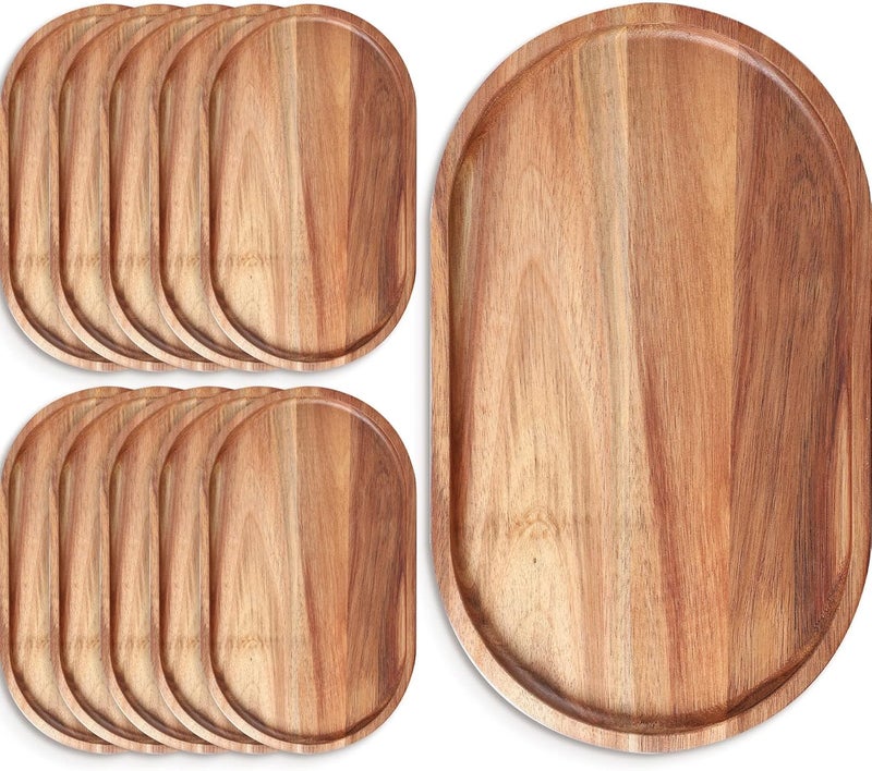 Rtteri 10 Pcs Wood Serving Tray Wooden Serving Platters Oval Charcuterie Boards Decorative Cheese Plates for Food Appetizer Dish Vegetable Fruit Snack Dessert Home Party Dinner Decor 12 x 7 x 1 - Image 1