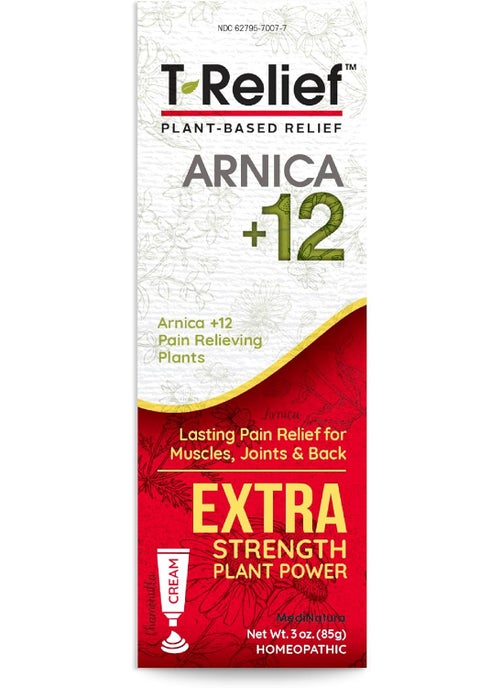 MediNatura T-Relief Extra Strength Cream Arnica +12 Natural Relieving Actives for Back Pain Joint Soreness Muscle Aches & Stiffness, Whole Body Fast Acting Relief for Women & Men - 3 oz 