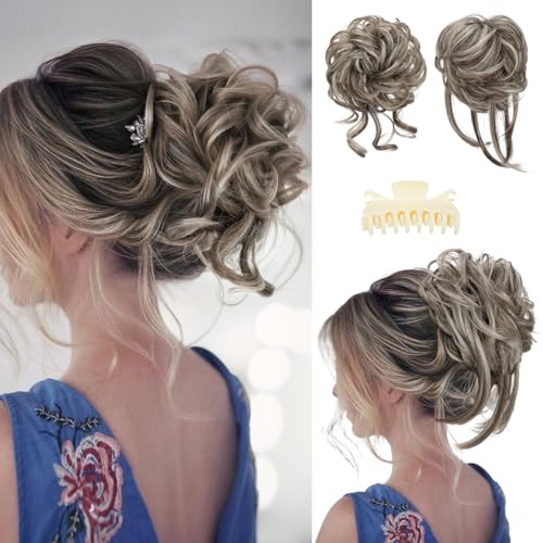 SARLA 2PCS Grey Messy Bun Hair Pieces for Women Detachable Claw Clip Wavy Curly Synthetic Hairpieces for Updos with Tendrils Fake Scrunchies Ponytail Extension Ash Grey - Image 1