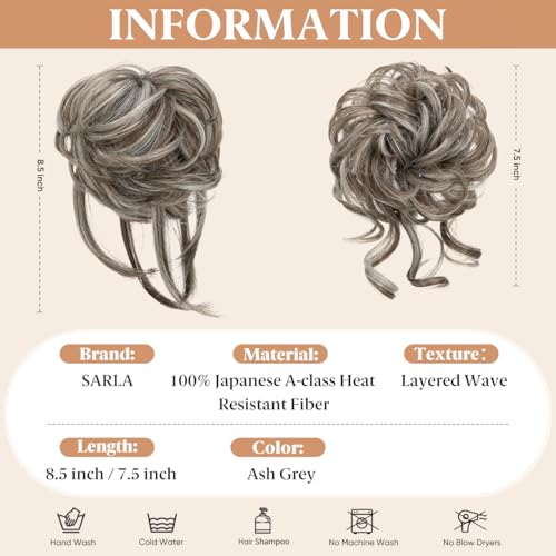 SARLA 2PCS Grey Messy Bun Hair Pieces for Women Detachable Claw Clip Wavy Curly Synthetic Hairpieces for Updos with Tendrils Fake Scrunchies Ponytail Extension Ash Grey - Image 3